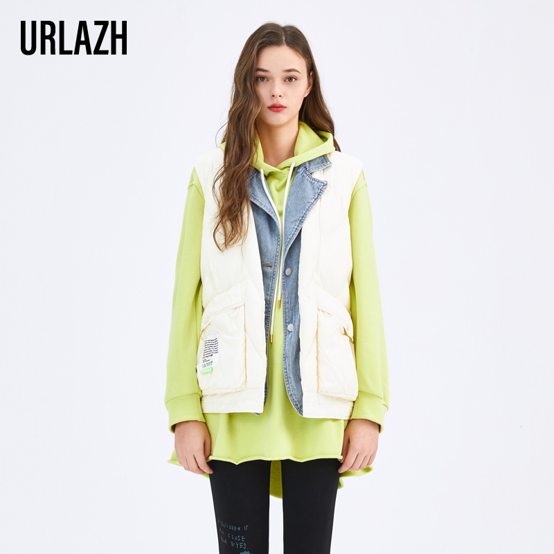 urlazh/有兰牛仔拼接羽绒背心
