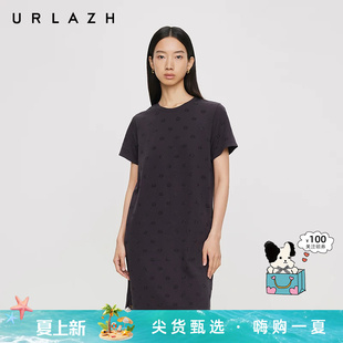 URLAZH有兰夏季新款都市摩登碳灰圆领U等等猫咪烫钻直筒连衣裙女