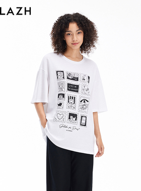 URLAZH有兰新款白色简约休闲印花宽松短袖T恤女LM3TE05