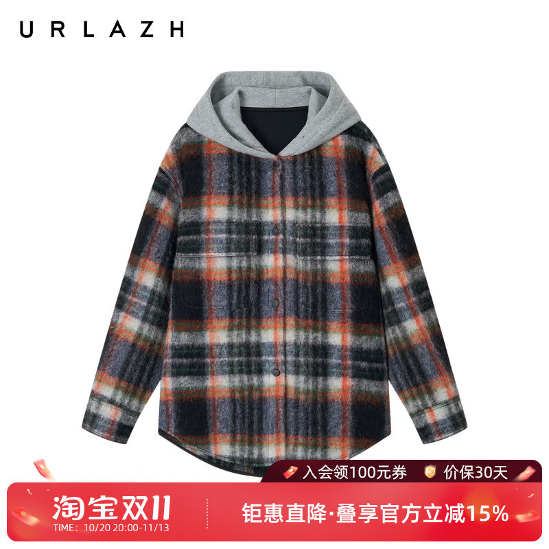 URLAZH有兰冬季新款复古学院风撞色格纹拼接落肩宽松羊毛连帽外套