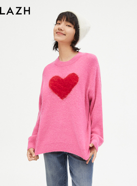 URLAZH有兰新款粉色爱心宽松圆领气质针织毛衣女LM3KT15