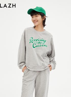 URLAZH有兰新款复古花灰色宽松圆领印花卫衣女JM3SW05