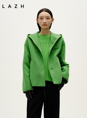 URLAZH/有兰冬季新款设计感草绿色短款羊驼毛休闲连帽毛呢大衣女