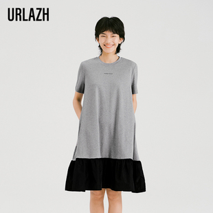 新款 URLAZH有兰夏季 浅灰色气质宽松休闲简约A摆拼接连衣裙女
