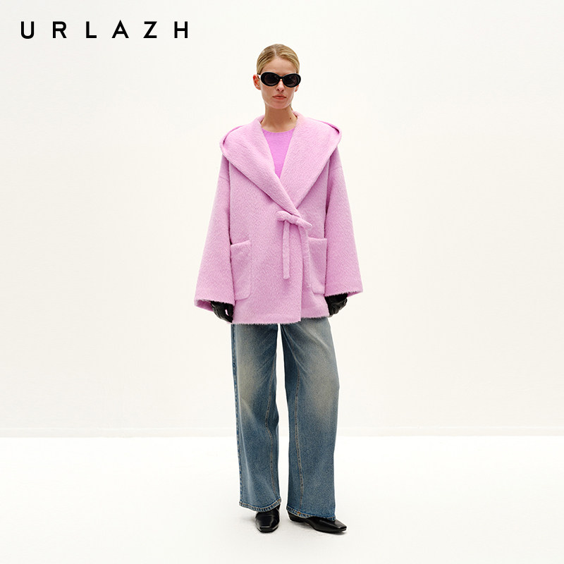 URLAZH有兰冬季新款设计感蝴蝶结扣羊驼毛宽松毛呢连帽浴袍大衣女,女装/女士精品,毛呢外套,淘宝优惠券,粉丝福利购,淘宝优惠卷