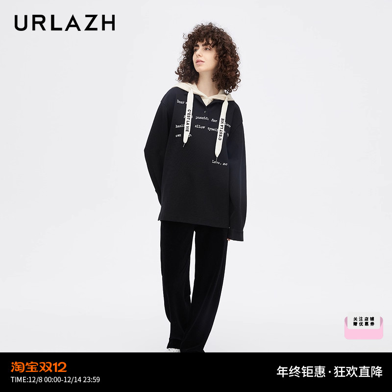 URLAZH有兰新款宽松直筒舒适黑色灯芯绒休闲裤女EM4PA08