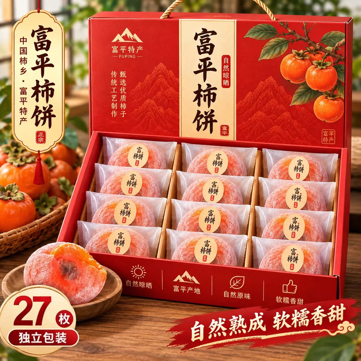 非遗特级富平柿饼官方旗舰店陕西正宗流心柿子吊柿饼礼盒独立包装