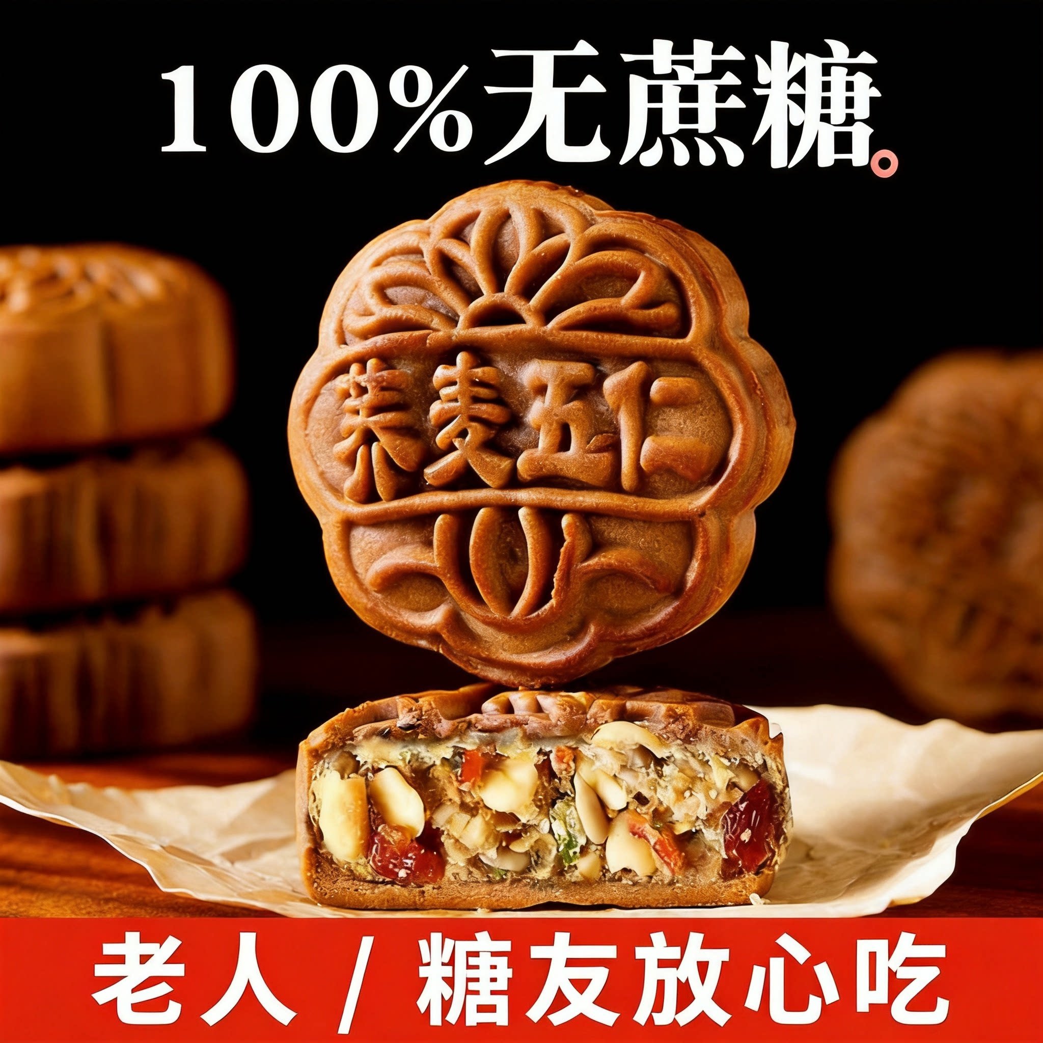 【老字号】无蔗糖荞麦月饼五仁黑芝麻月饼木糖醇代餐糖友糕点零食