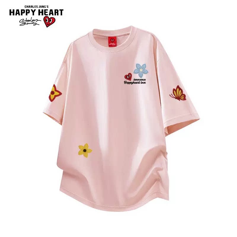 查尔斯桃心蝴蝶花卉印花短袖T恤男女夏季2026新款休闲纯棉上衣潮