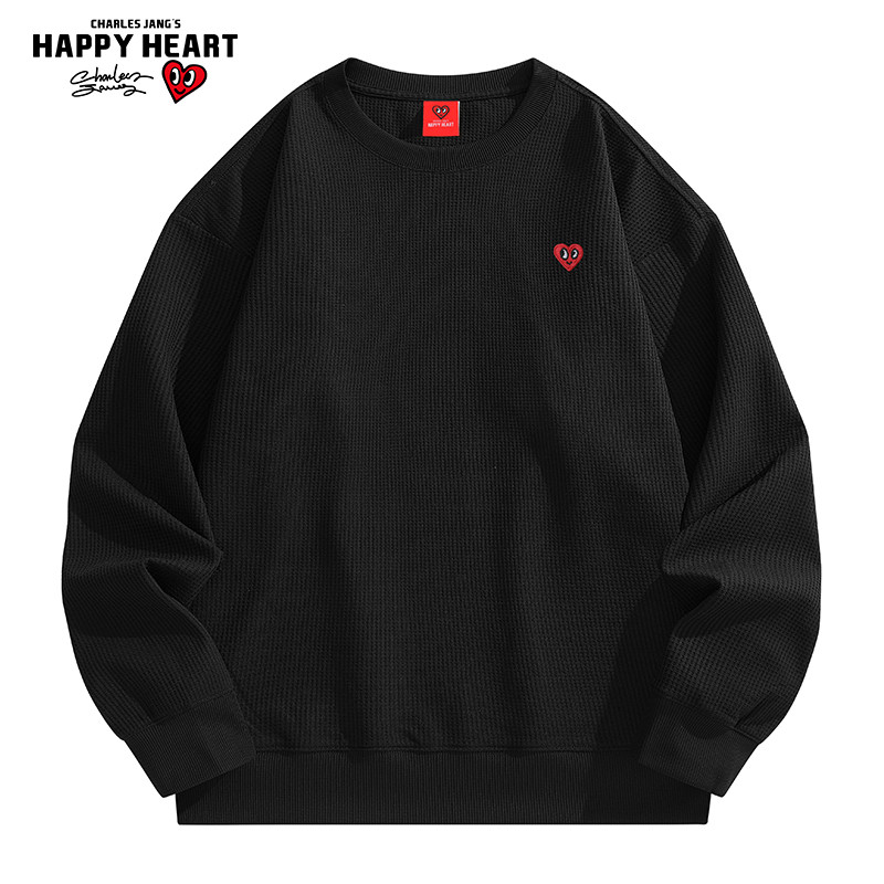 华夫格圆领卫衣男女同款春秋季爱心刺绣百搭长袖打底