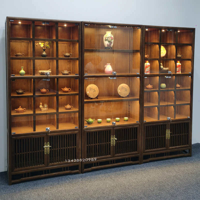 榆木多宝阁玻璃带灯紫砂壶展示柜现代茶叶展示架古董收藏展柜茶饼