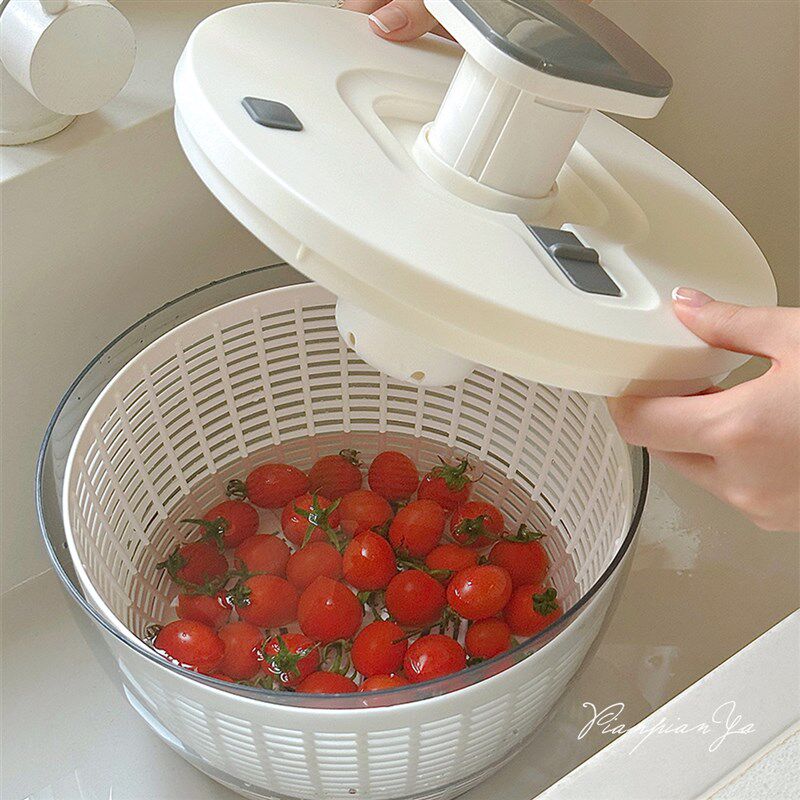 震惊蔬菜洗衣机i!按压蔬菜脱水器甩干机家用沙拉甩菜器手动沥水篮