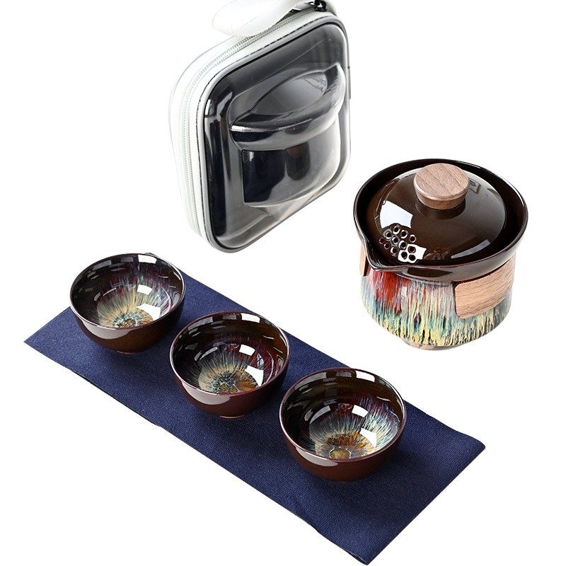 窑变旅行茶具套装便携式单人户外C露营泡茶装备陶瓷快客杯一壶三,餐饮具,旅行茶具,淘宝优惠券,粉丝福利购,淘宝优惠卷