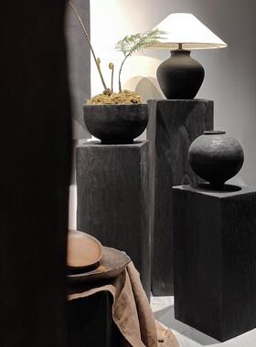 侘寂实木墩子雕塑摆台底座家居装饰花架碳化原木客厅W树桩床边几