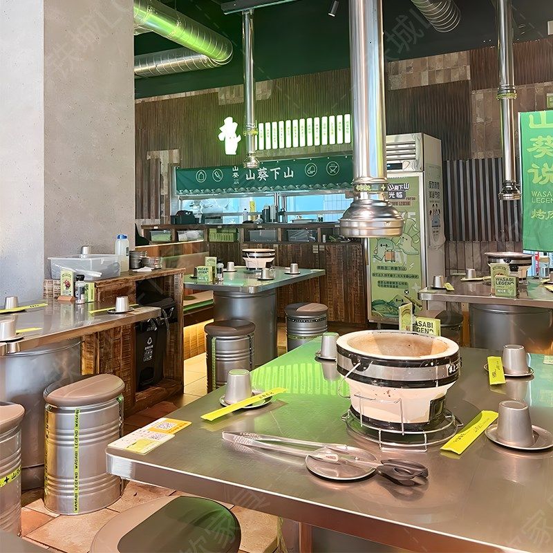 山葵烤肉桌子商用无烟打边泥炉炭火不锈钢油桶桌T椅工业风烤肉桌,商业/办公家具,烤肉桌,淘宝优惠券,粉丝福利购,淘宝优惠卷