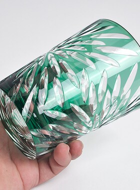 高颜值轻奢日式手工雕刻江户切子杯大容量墨O绿色水晶玻璃杯啤酒