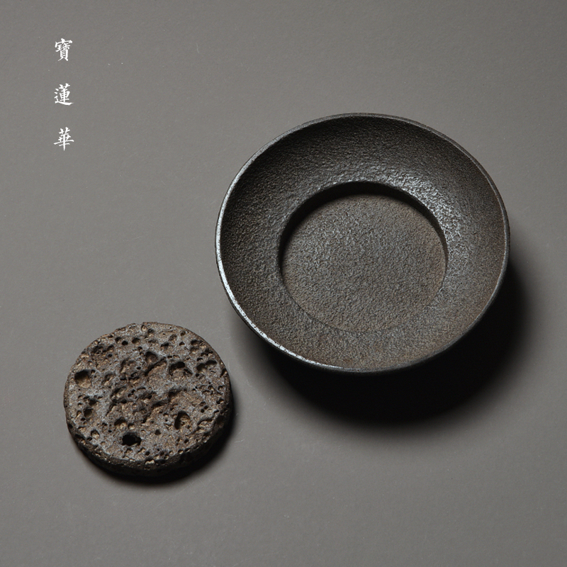 三足圆钵玄武岩火山石垫壶承w 手工石雕茶托茶台干泡茶盘 养壶托