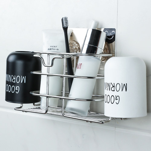 不锈钢牙刷架漱口l杯情侣收纳壁挂免打孔卫生间牙刷牙杯置物架挂