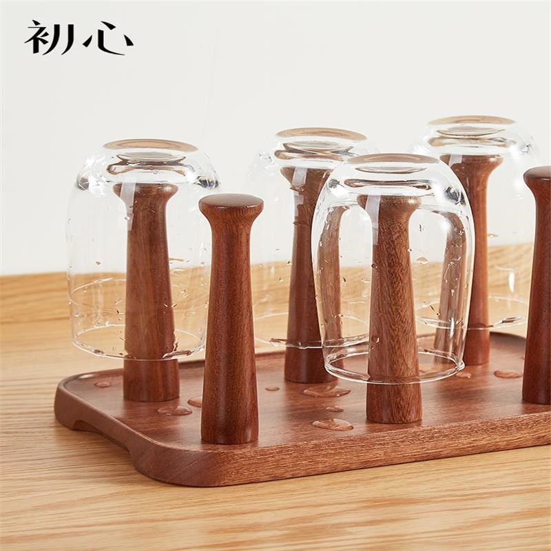 实木玻璃a杯沥水托盘水杯置物架家用杯架乌檀木桌面防尘收纳杯子