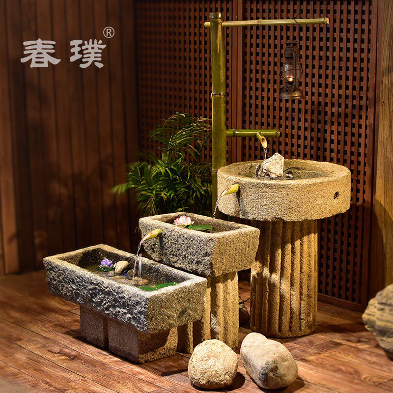 老石槽流水摆件户外庭院石缸景观旧石头鱼缸花盆猪T槽阳台水景组