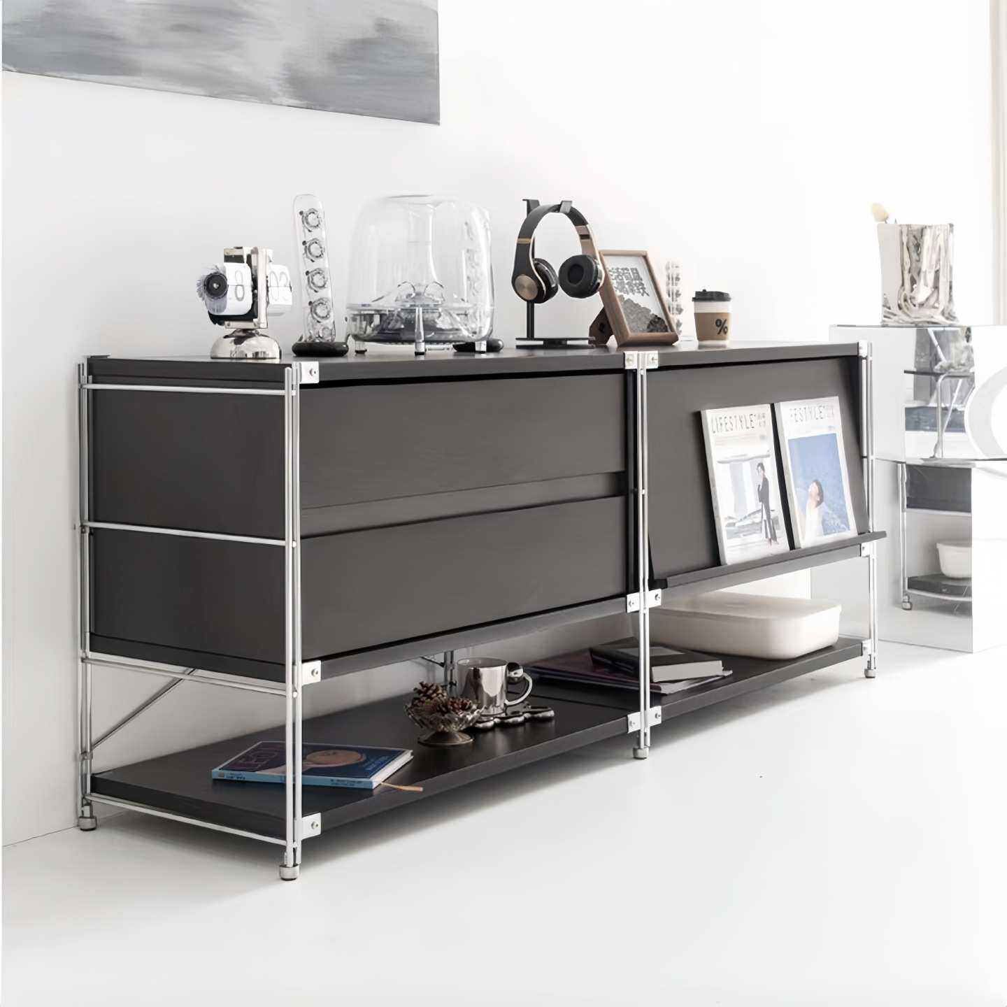 包豪斯组合双抽柜杂志柜餐边柜不锈钢置物架客厅咖啡机收纳储物柜