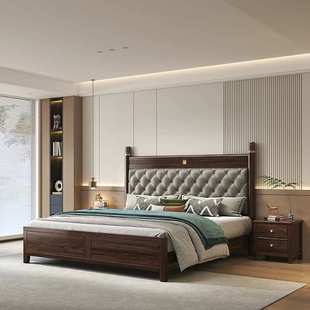 乌金木纯实木床家用新中式主卧软包床全实木床1.8M现代简约实木床