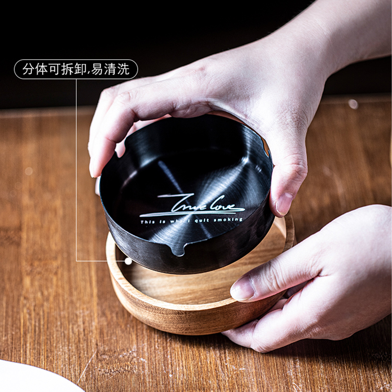 烟灰缸带盖木质h创意个性复古防飞灰尘家用客厅办公室实木大号烟