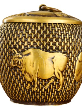 铜五牛图茶f叶罐密封罐黄铜米缸带盖普洱茶储存罐子储物纯