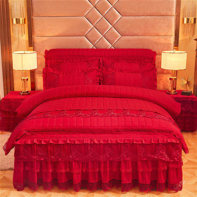 韩版大红色结婚庆夹棉纯色单品z婚房蕾丝床裙款床罩床套三四件套