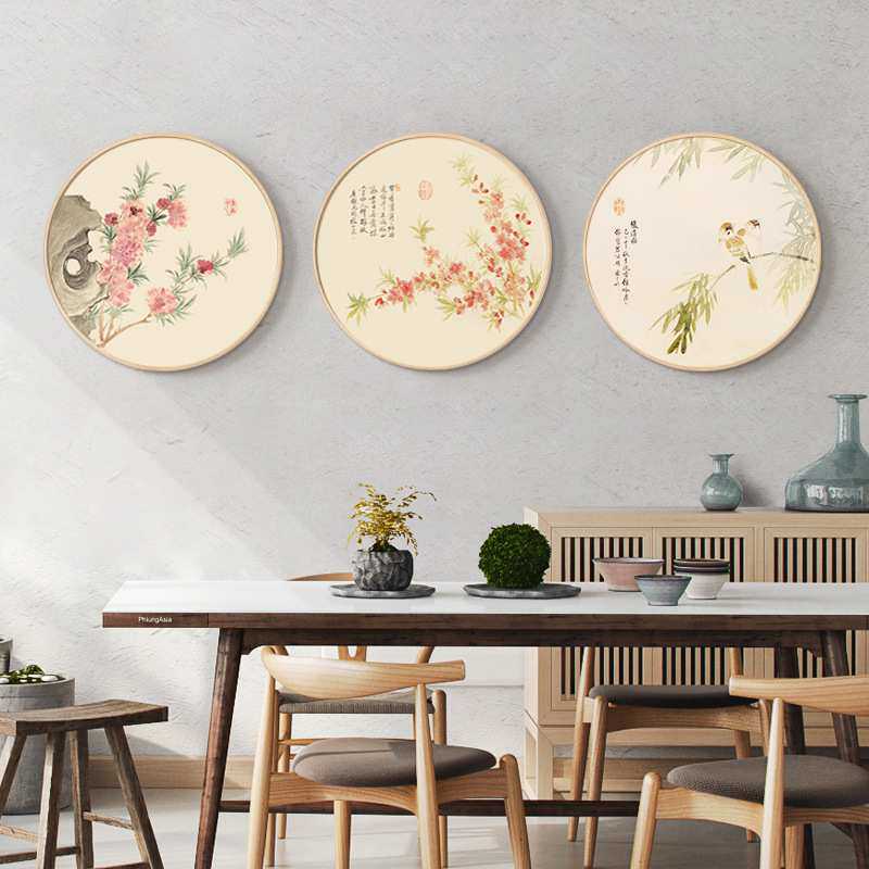新中式书画圆形装饰画花鸟工笔国画客厅墙挂画书房茶室水墨壁画