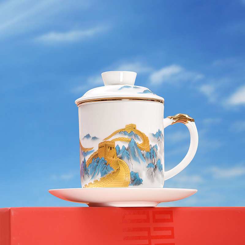 中式陶瓷茶杯带盖茶隔杯办公室泡茶杯带过滤网骨瓷茶水分离杯