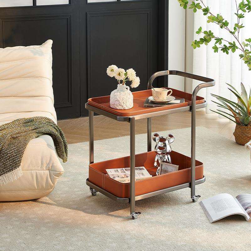 轻奢马鞍皮移动沙发边几小推车茶几客厅家用角几床头柜带轮置物架
