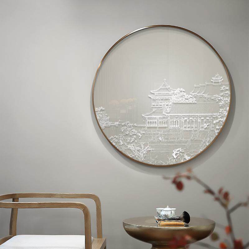 新中式禅意立体装饰画软装样板房客厅沙发背景玄关双联圆形浮雕画