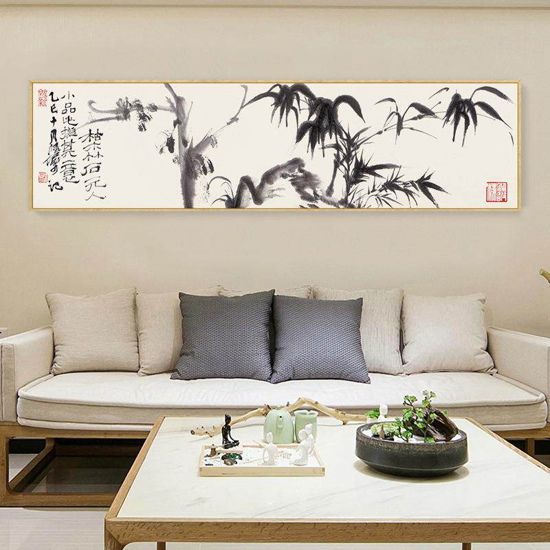 中国风新中式客厅装饰画床头卧室横幅沙发背景壁画花鸟竹子鱼墙画