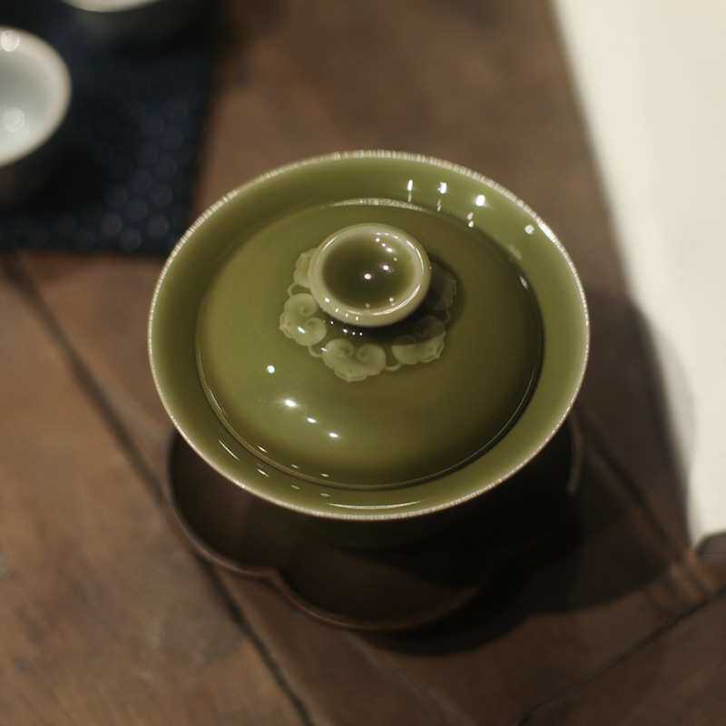 宋青书院耀州窑青瓷盖碗陶瓷茶具秘色绿釉茶器仿古宋风茶具景德镇