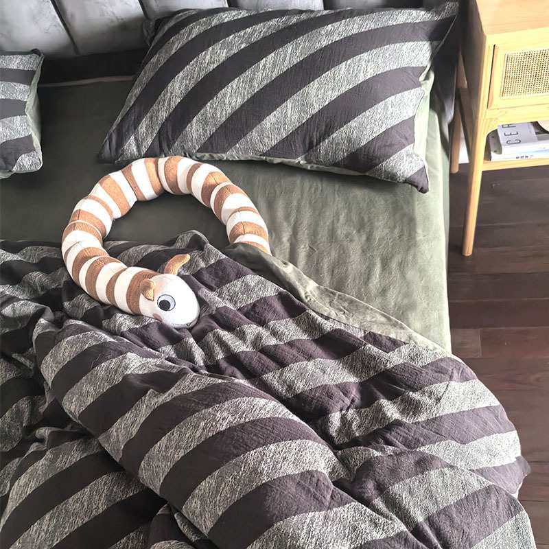 小美式空气层提花四件套纯棉绿色条纹被套床单床上用品全棉套件