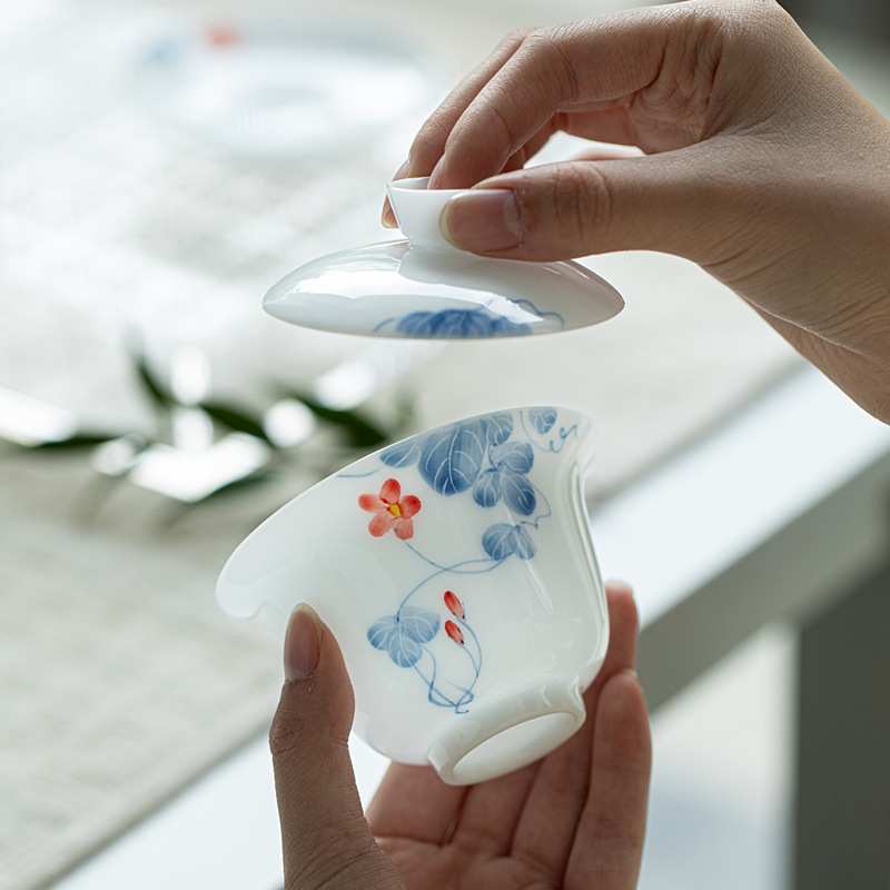 可悬停 冰种玉瓷手绘凌霄花三才盖碗 釉下彩高白瓷新式青花泡茶碗