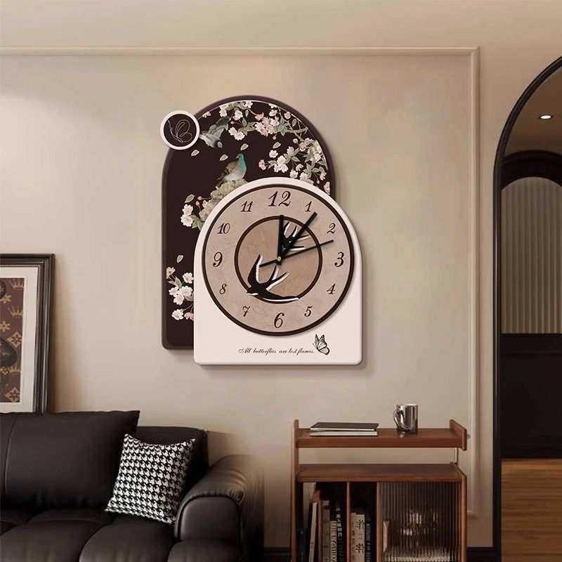 法式中古风客厅钟表装饰画花鸟高级餐厅挂画复古卧室背景挂钟壁画