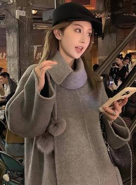 灰色双面羊绒大衣女2025秋冬新款高级感韩系中长款羊毛呢斗篷外套