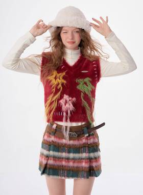 Zizifei秋冬覆古流苏星红圣诞新年V领针织女式背心