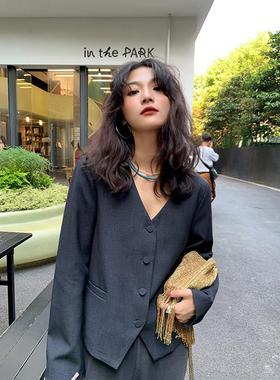 落落狷介 灰色V领秋款西装外套女2024年新款西服小个子设计感小众