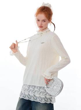 ziziFei秋冬季复古肌理设计感蕾丝花边小高领T恤上衣针织打底衫女