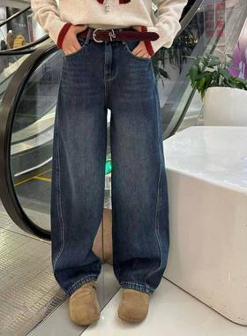 欧货牛仔裤女2025冬季加厚绒弯刀裤深蓝色直筒慵懒风显瘦休闲宽松