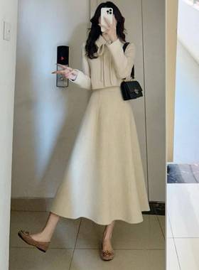 小香风白色毛呢外套A字半身裙套装女轻熟风小个子气质名媛两件套