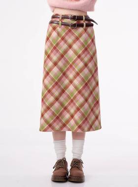 ziziFei秋冬美拉德穿搭高腰显瘦绿棕格纹中长款格子毛呢半身裙女