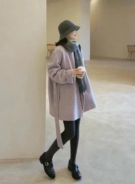 温柔风紫色中长款呢子大衣女秋冬新款小个子立领系带收腰毛呢外套
