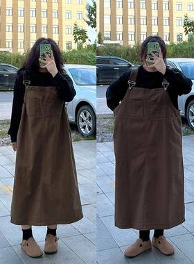 胖mm大码美拉德棕色牛仔背带裙女夏季新款宽松遮肉连衣裙显瘦长裙