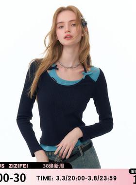 ziziFei秋冬季设计感假两件拼接挂脖修身显瘦长袖T恤针织打底衫女