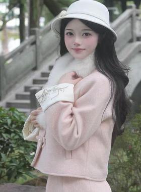 桃也Hana羊毛外套+半裙套装女冬季新款千金风水貂毛羽绒内胆上衣