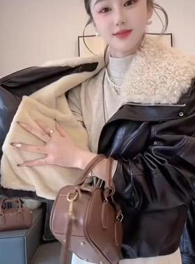 毛绒大翻领加绒加厚保暖皮衣外套女2025秋冬新款宽松显瘦上衣棉服